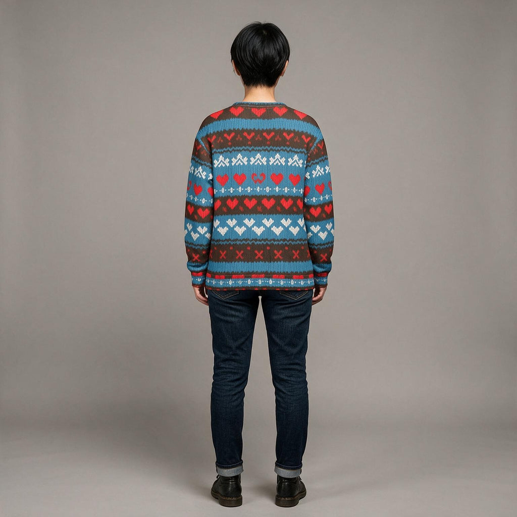 A person viewed from the back wearing a long-sleeve knit sweater with a multicolor Fair Isle pattern in blue, red, and white, paired with dark blue jeans and black shoes, against a plain gray studio background.
