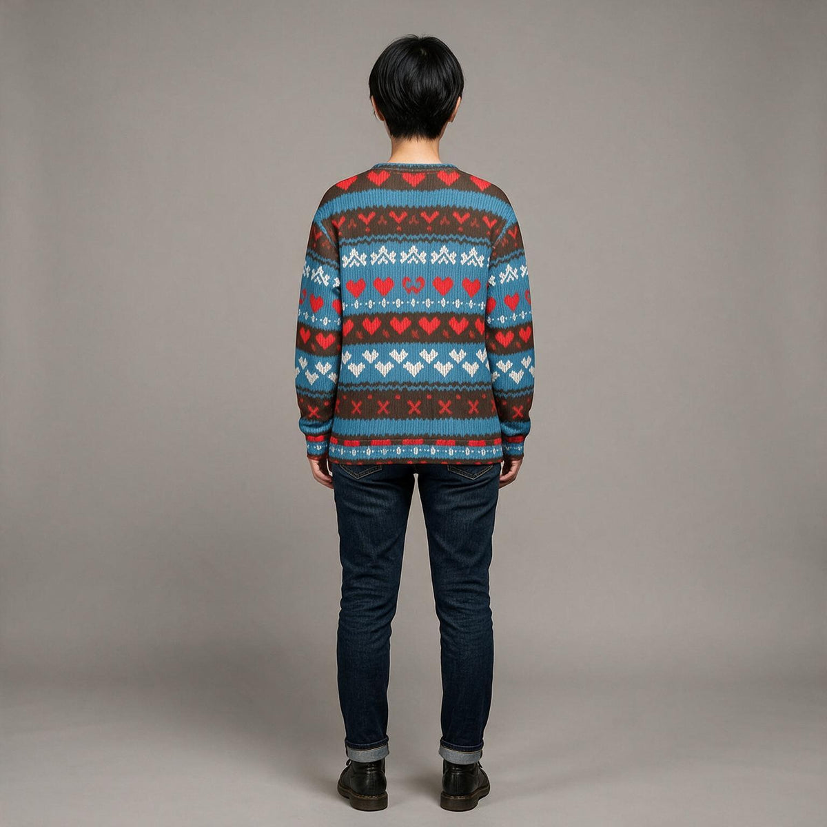 A person viewed from the back wearing a long-sleeve knit sweater with a multicolor Fair Isle pattern in blue, red, and white, paired with dark blue jeans and black shoes, against a plain gray studio background.
