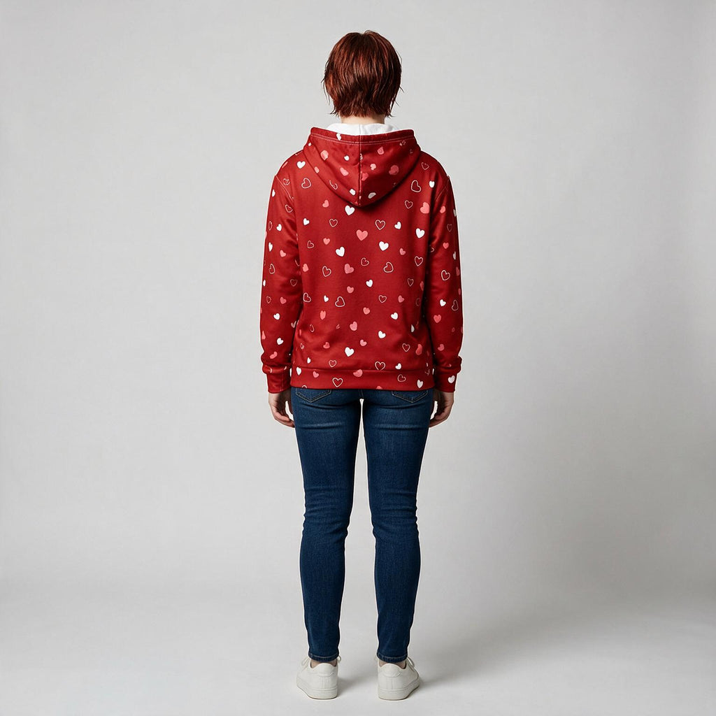 A person viewed from the back wearing a red pullover hoodie with a white heart pattern, paired with dark blue jeans and white sneakers, against a light gray studio background.