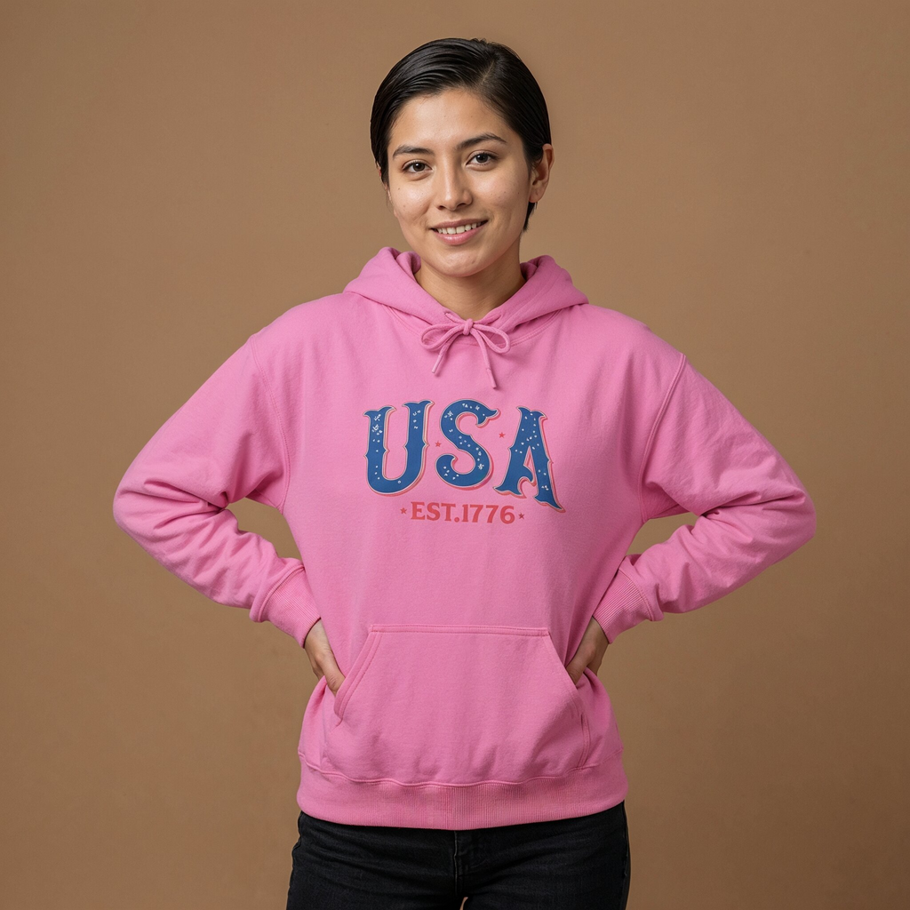 Person wearing a pink hoodie with 'USA EST. 1776' text on a brown background