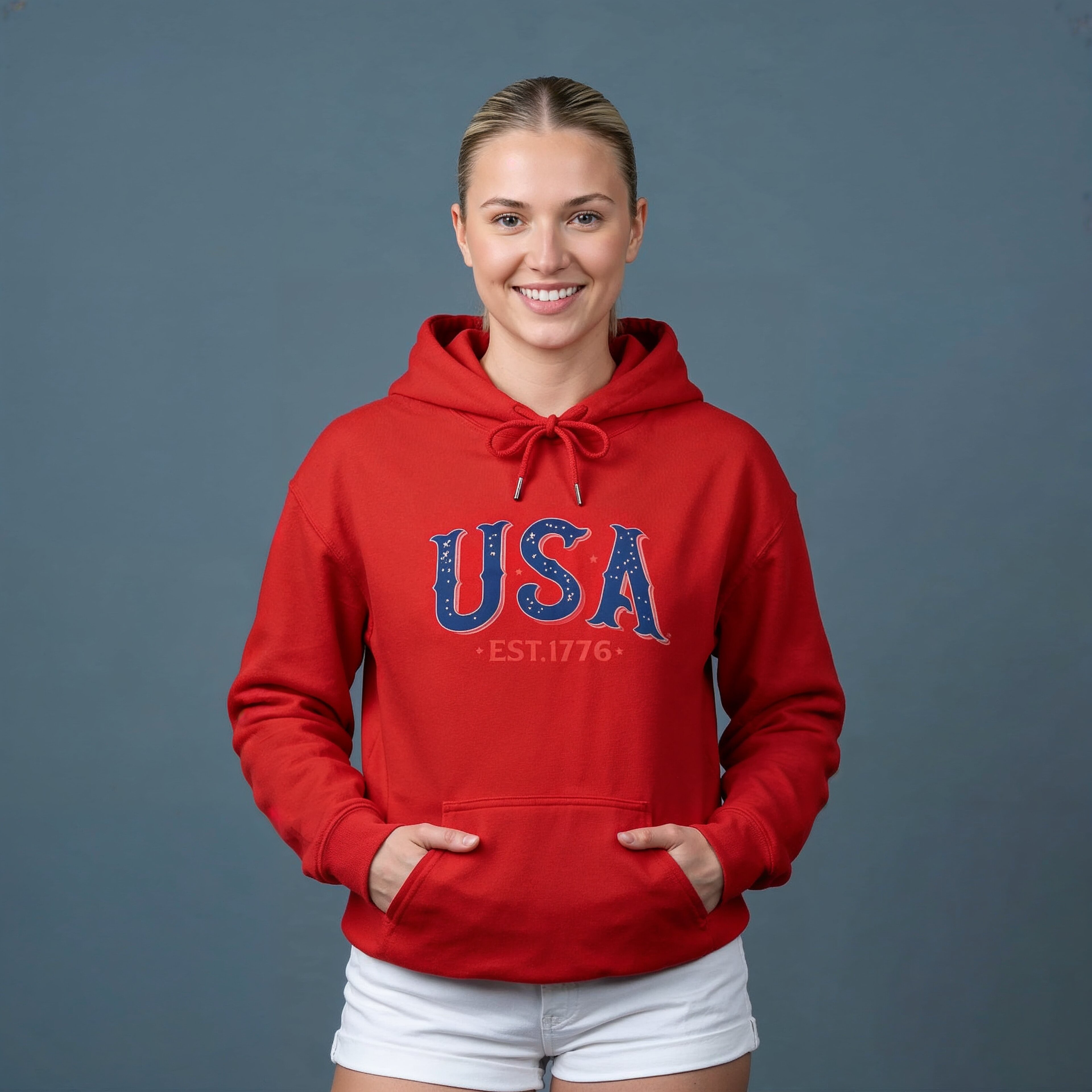 Woman wearing a red hoodie with 'USA EST. 1776' text on a gray background