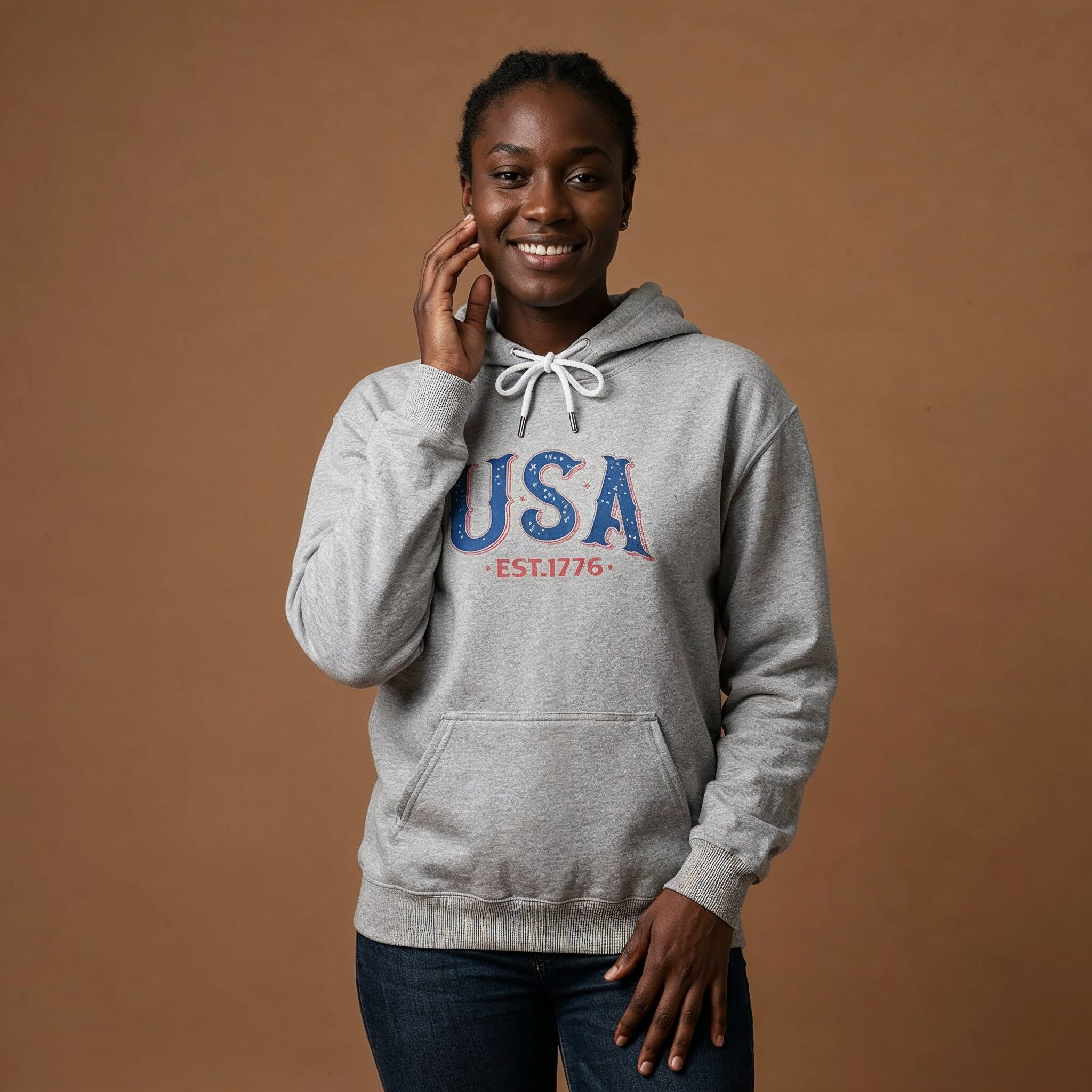 Person wearing a gray hoodie with 'USA EST. 1776' text on a brown background