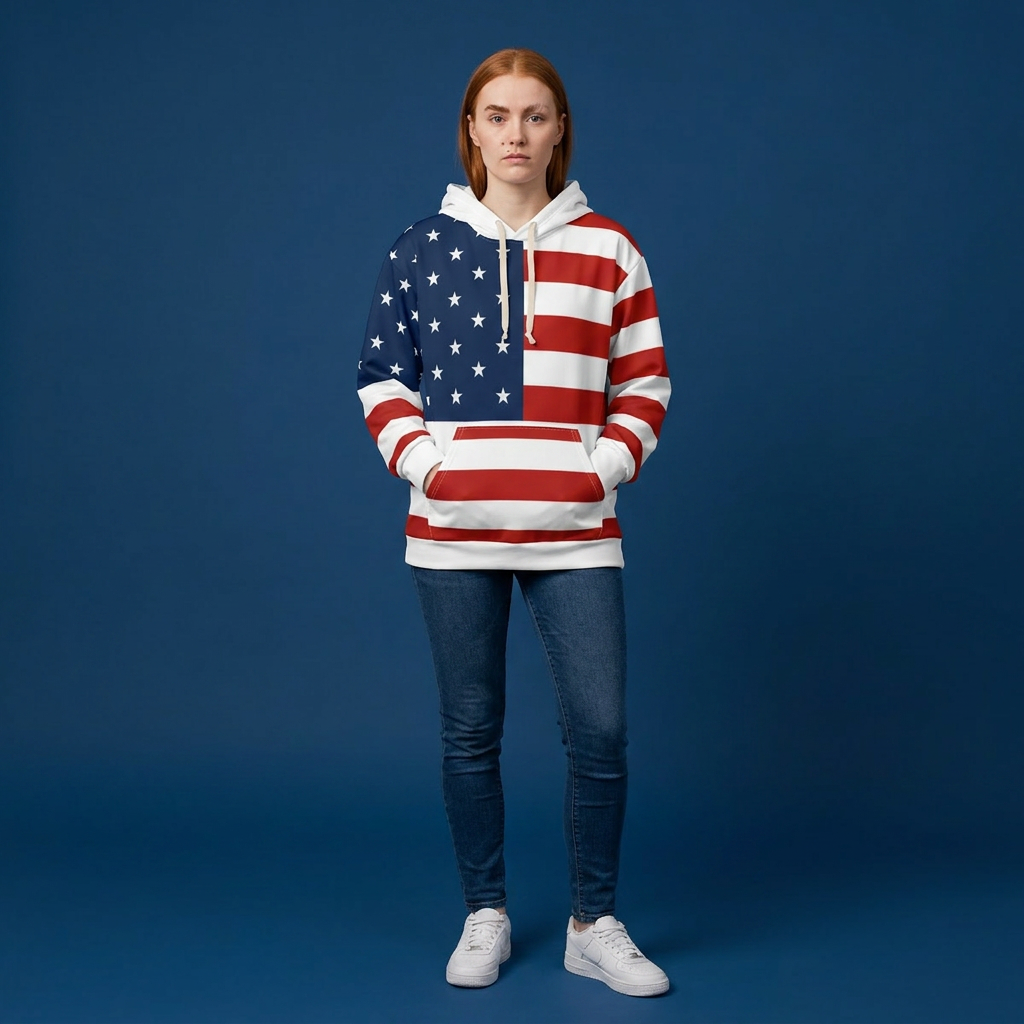 Person wearing a hoodie with an American flag design on a blue background