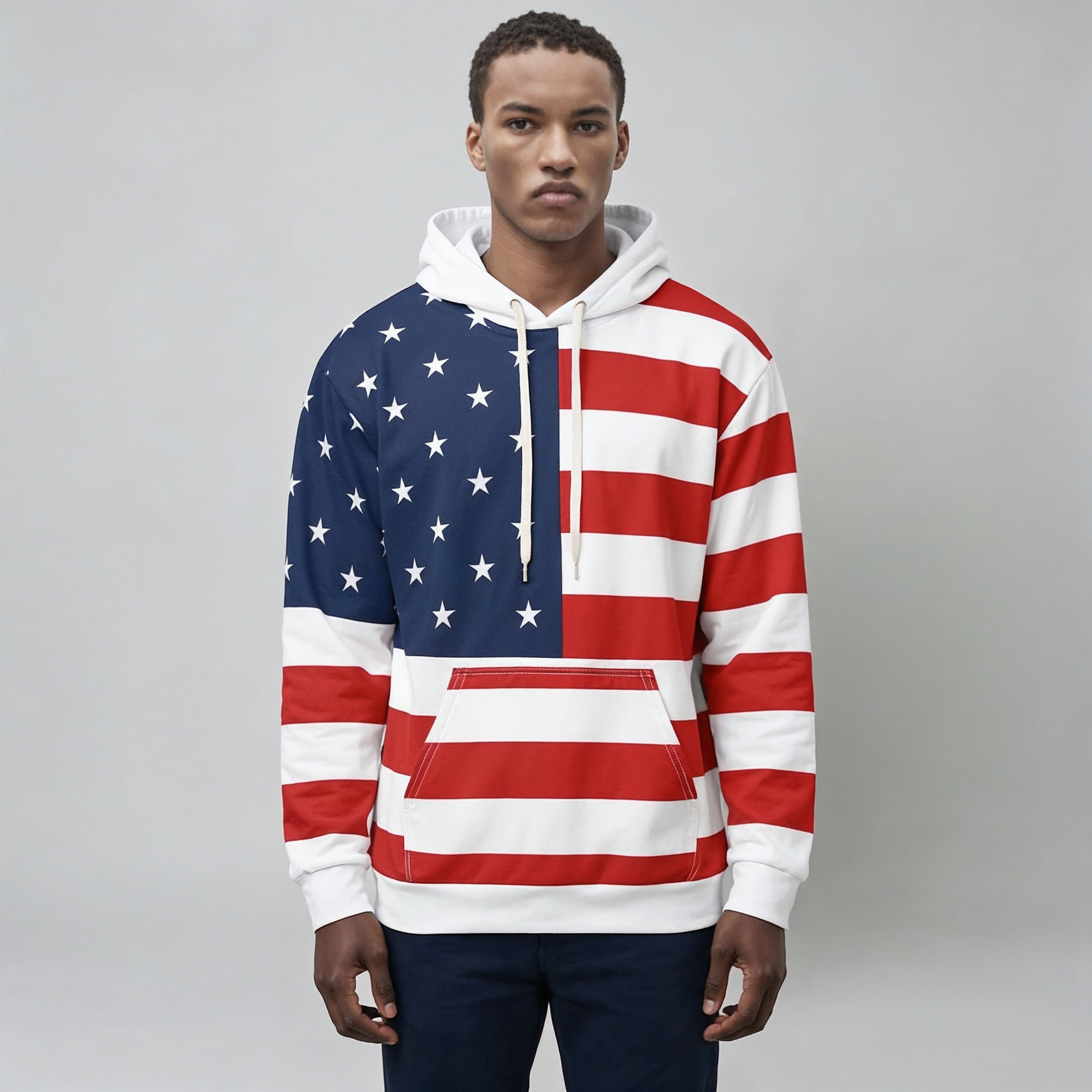 Person wearing a hoodie with an American flag design on a gray background