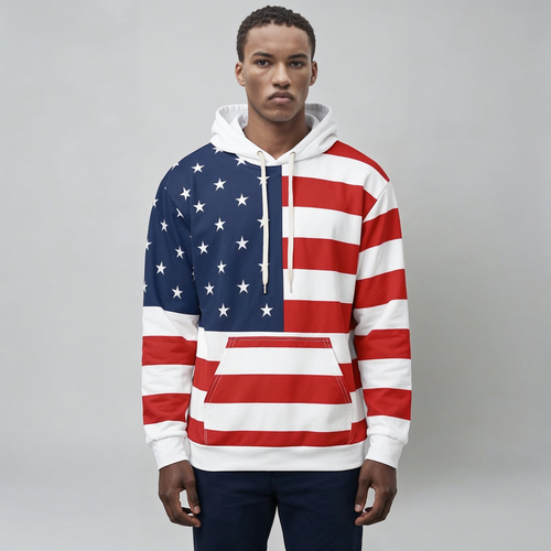 Person wearing a hoodie with an American flag design on a gray background