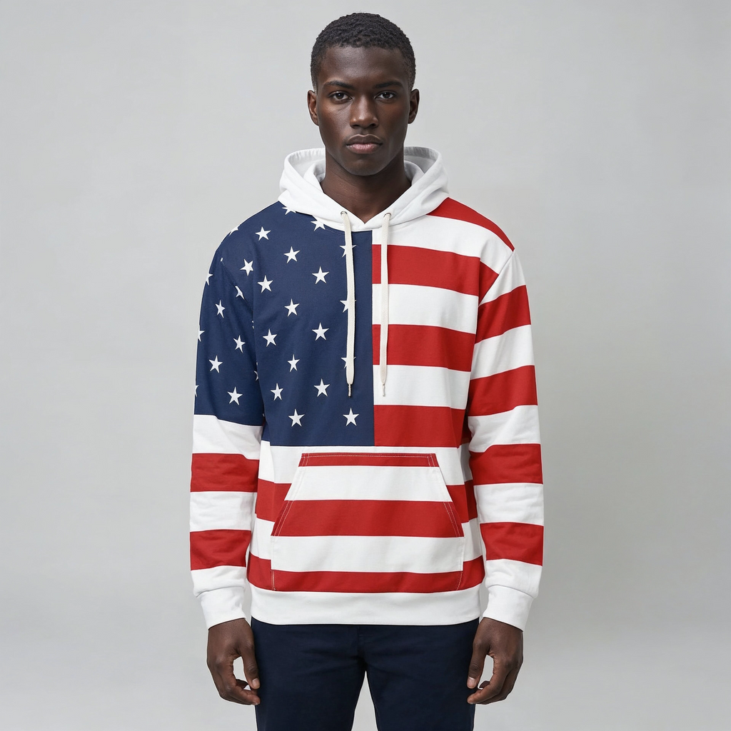Person wearing a hoodie with an American flag design on a plain background