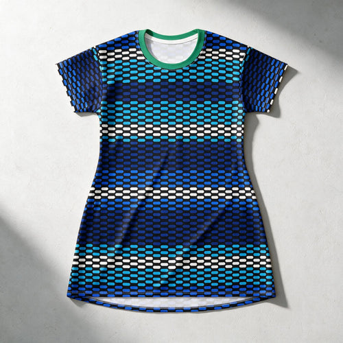 A short-sleeve athletic t-shirt with a geometric pattern of horizontal stripes in navy, blue, teal, and white. It features a contrasting green crew neck collar and is laid flat on a light gray textured background.