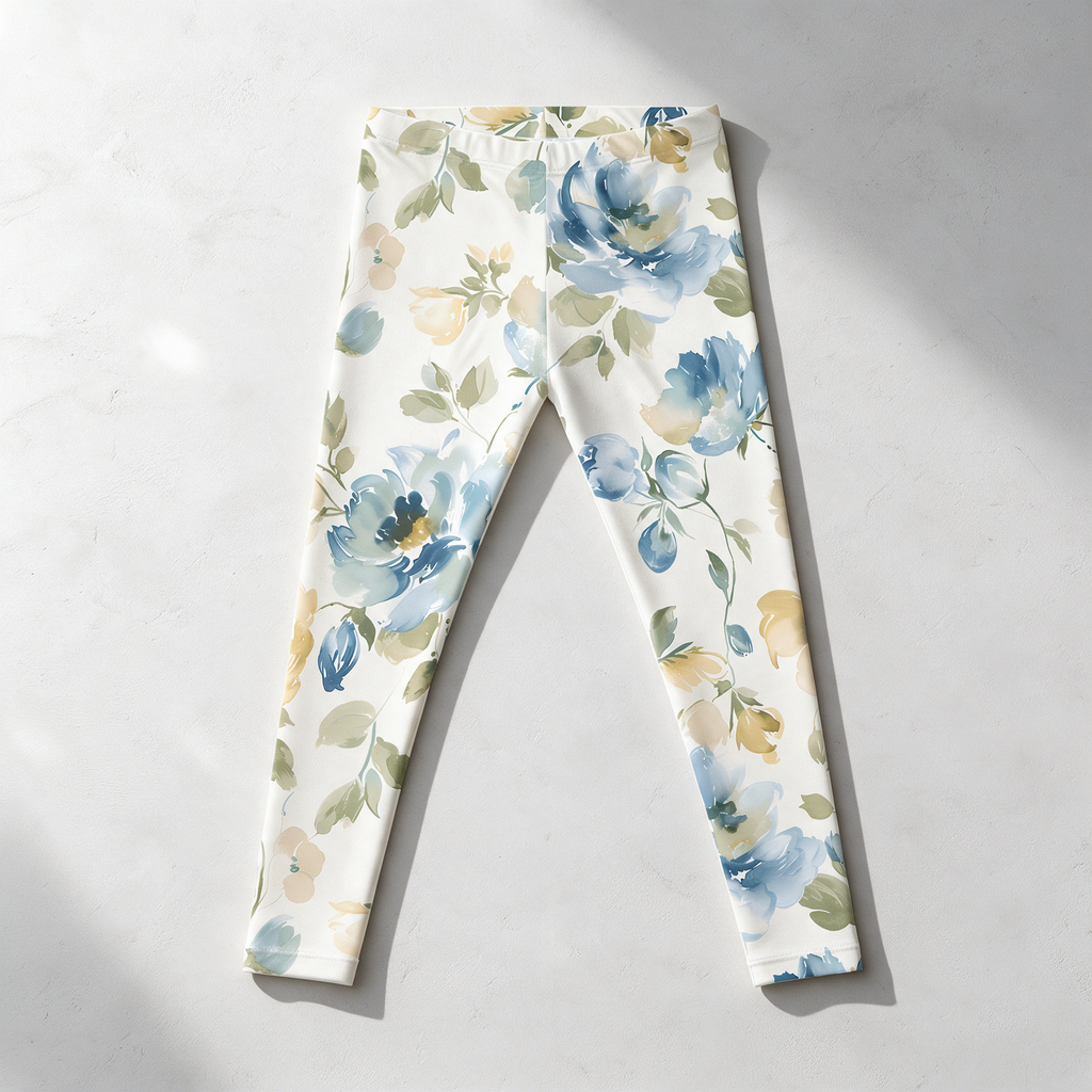 A pair of womens's leggings with a watercolor floral print in blue, beige, and green on an off-white background, laid flat on a light gray surface with soft shadows.