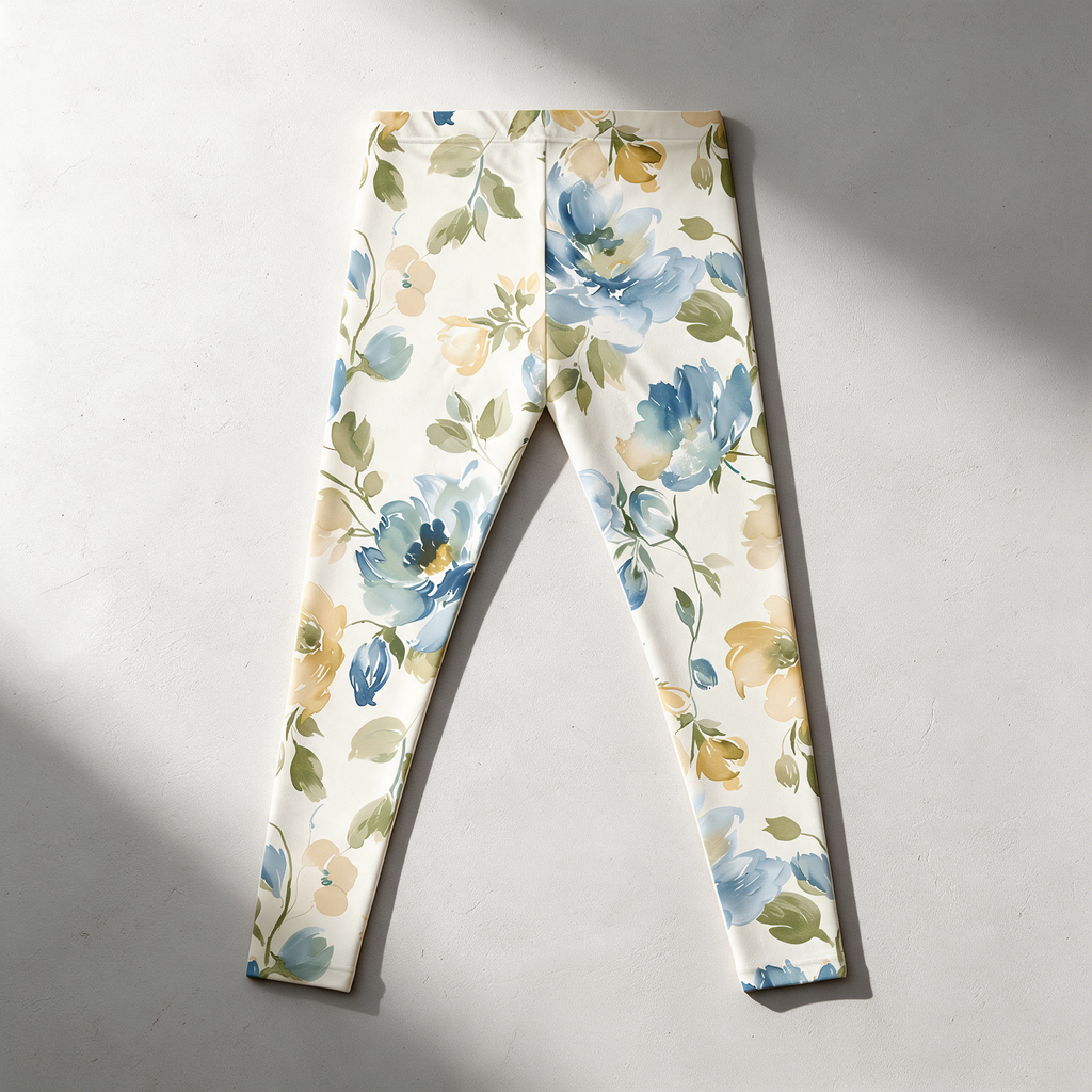 A pair of women's leggings laid flat on a light gray surface, featuring a watercolor-style floral print with blue, yellow, and green flowers and leaves on an off-white background.
