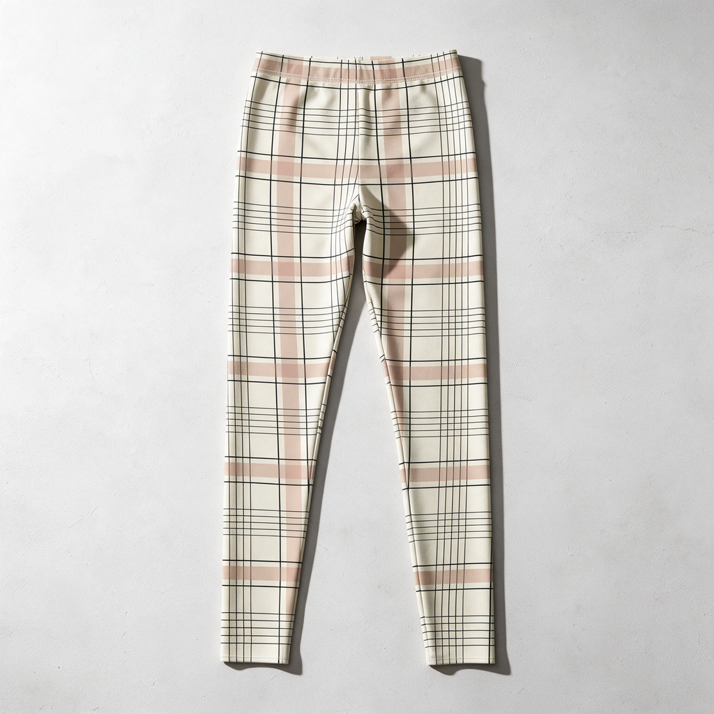A pair of women's cropped leggings in a cream base with a pink plaid pattern and thin black grid lines, laid flat against a light gray textured background.