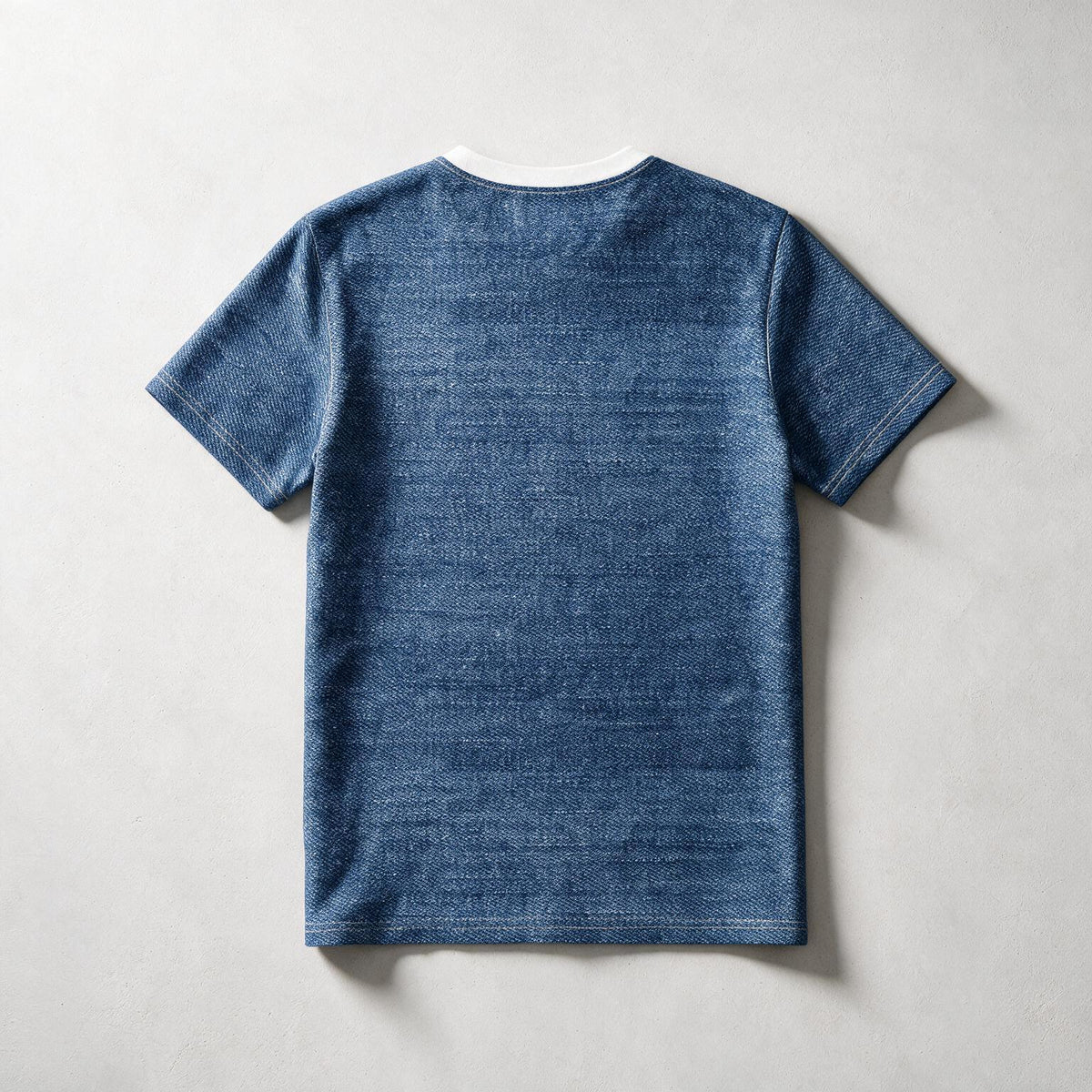 A blue textured short-sleeve t-shirt shown from the back, laid flat on a light gray background.