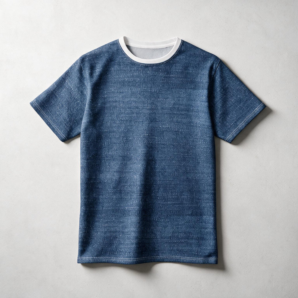 A short-sleeve crewneck t-shirt in a textured blue fabric with a contrasting white ribbed collar, laid flat on a light gray background.