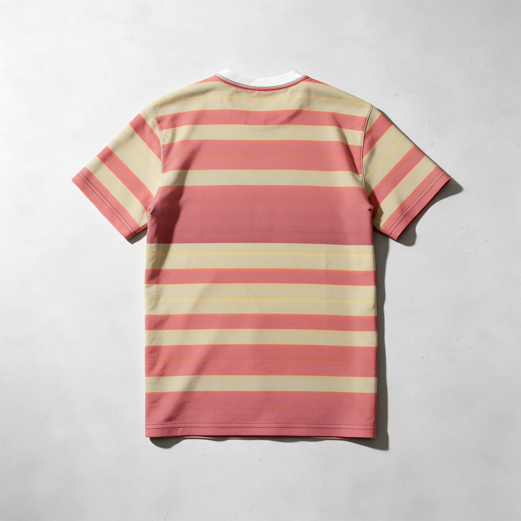 A short-sleeve crewneck t-shirt with horizontal stripes in dusty pink and cream, laid flat against a light gray textured background.