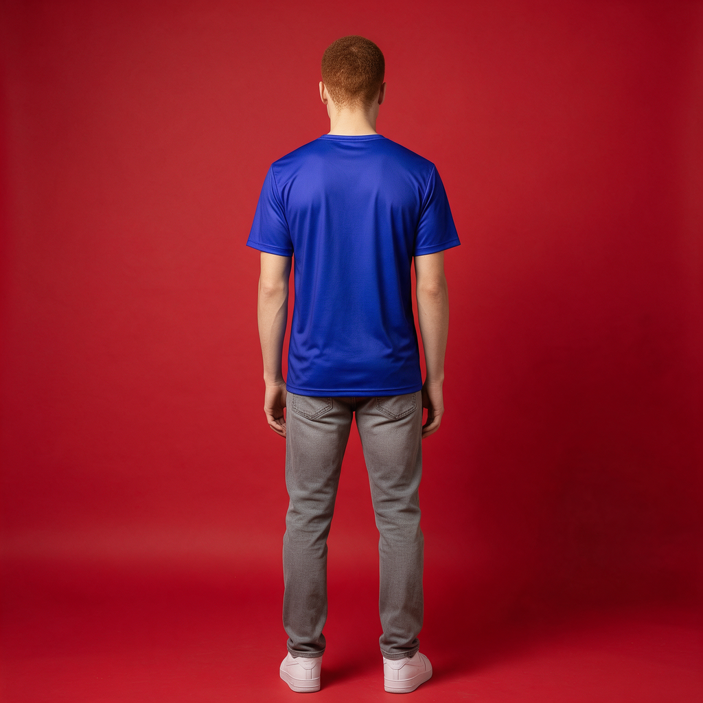 A man viewed from behind wearing a royal blue athletic t-shirt, gray jeans, and white sneakers, standing against a solid red studio background.