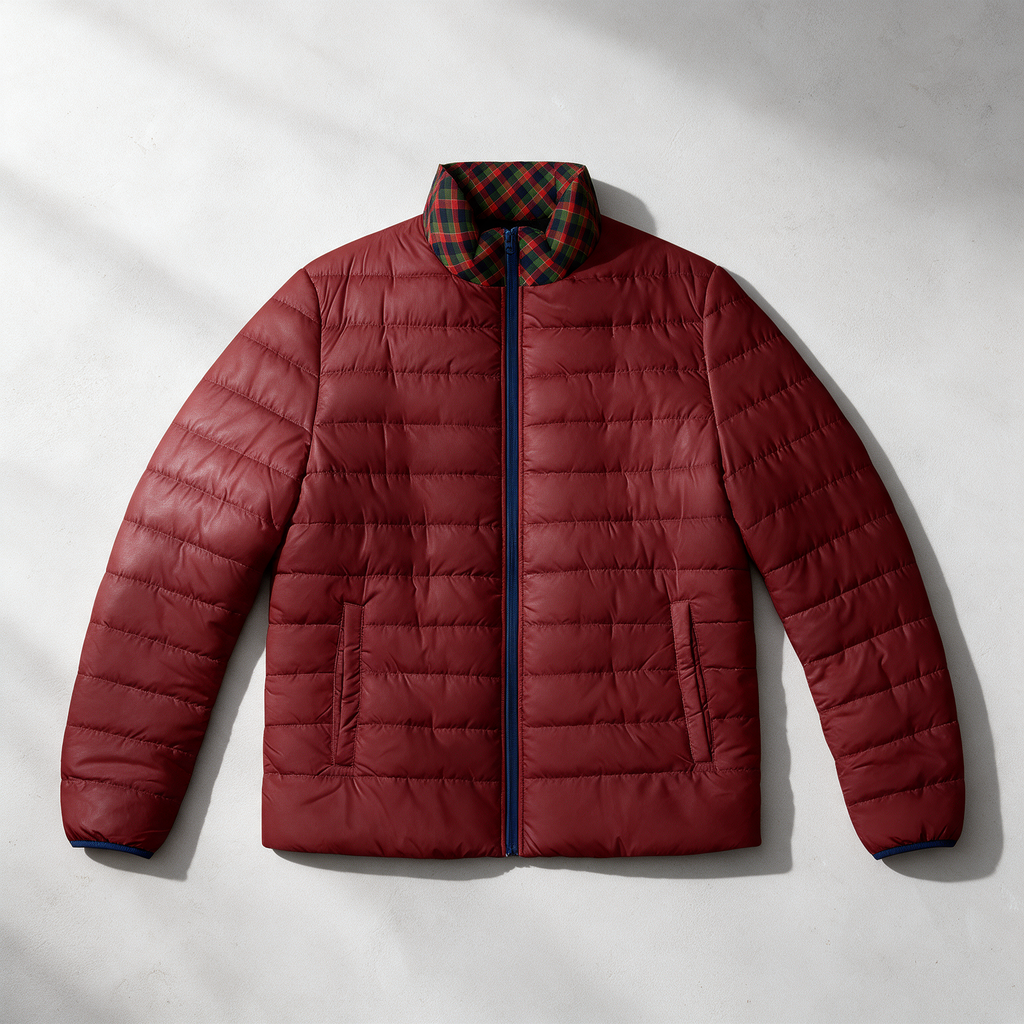 A quilted puffer jacket in deep burgundy red, laid flat on a light gray textured background. The jacket features a contrasting green and red plaid collar and a dark navy blue zipper running down the center.