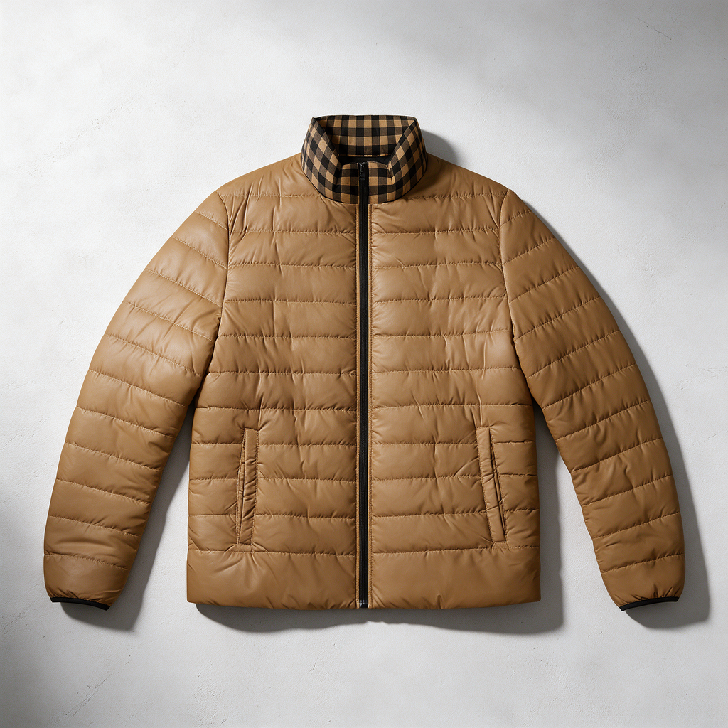 A tan quilted puffer jacket with a black and brown plaid collar, laid flat on a light gray textured background.