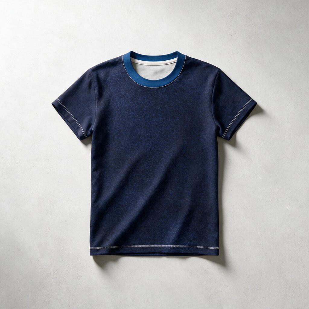 A dark navy blue short-sleeve t-shirt with a contrasting medium blue ribbed crew neck and white inner collar, laid flat on a light gray textured background.