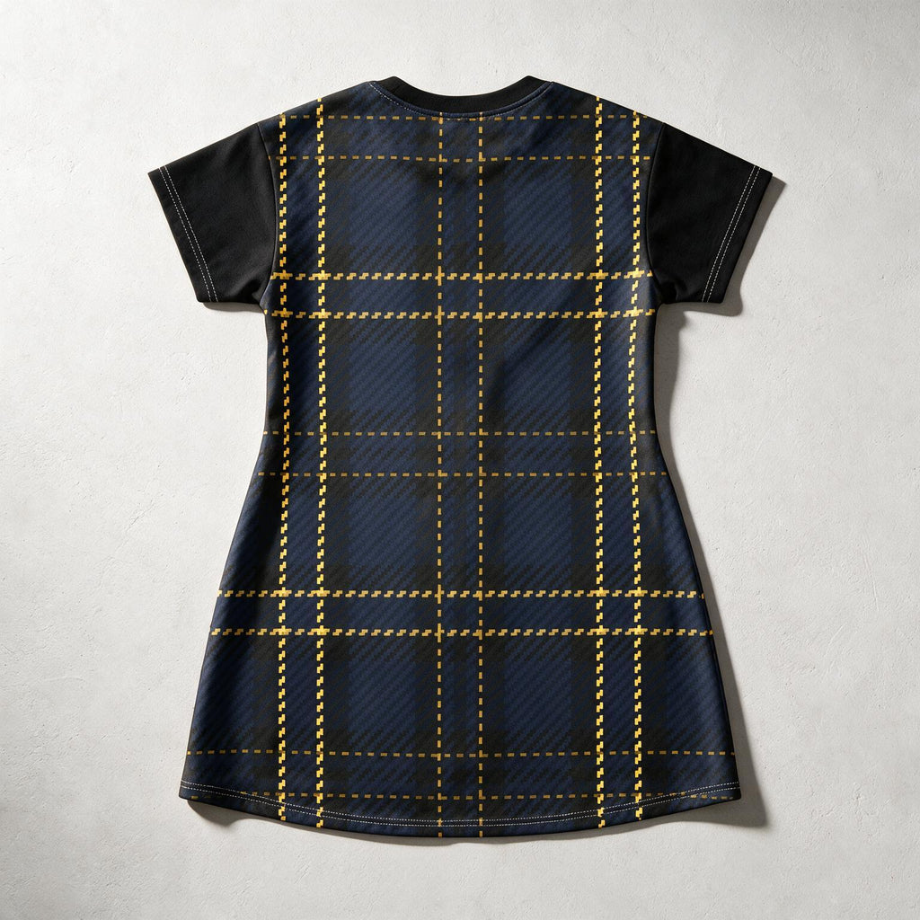 A short-sleeve tunic dress shown from the back, featuring a dark navy blue and black plaid pattern with gold dashed grid lines and solid black sleeves, laid flat on a light gray textured background.
