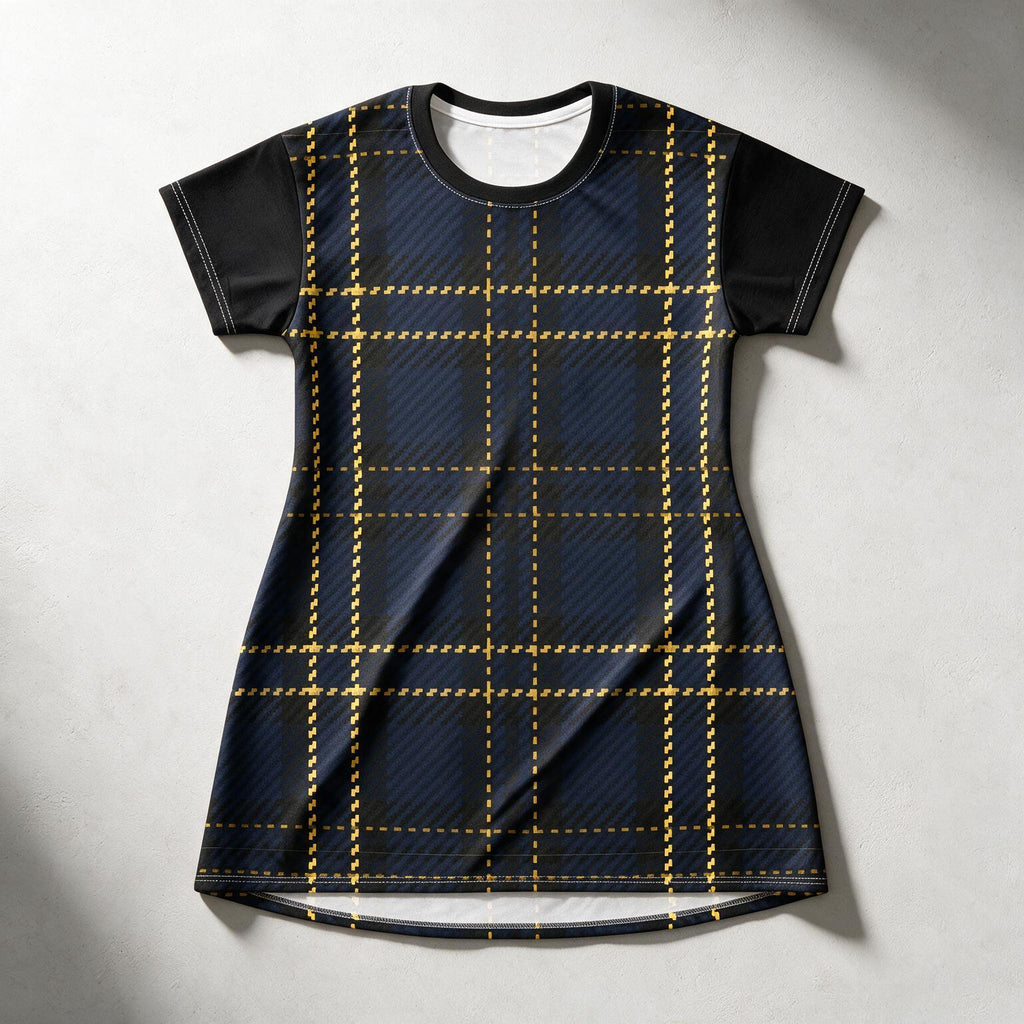 A short-sleeve crewneck t-shirt dress featuring a dark navy blue and black tartan plaid pattern with gold dashed grid lines, laid flat on a light gray textured background.