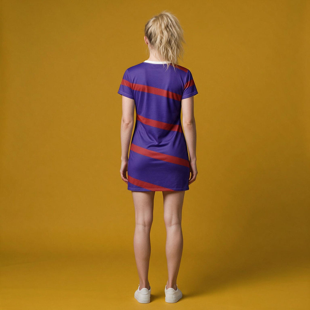 Purple & Red Diagonal Stripe T-Shirt Dress — Casual Graphic Dress