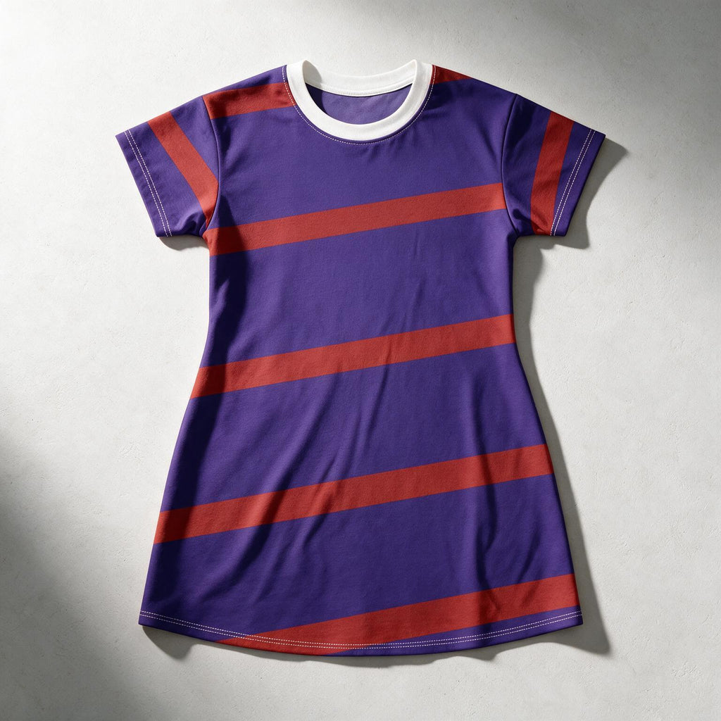 A short-sleeve ringer t-shirt dress in purple with horizontal red stripes and a white crew neck, laid flat on a light gray background.