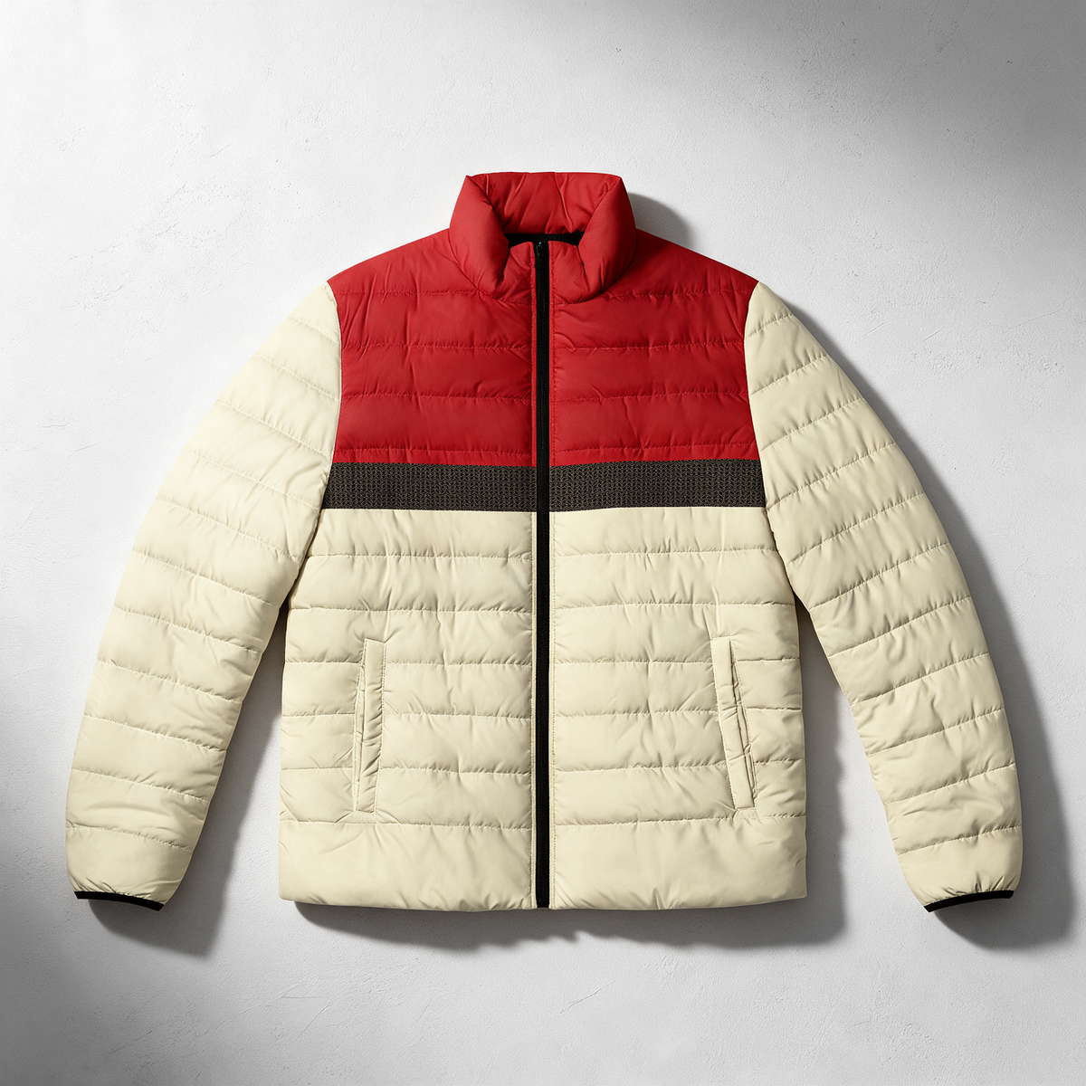 A color-blocked puffer jacket with a red upper chest and collar, cream-colored sleeves and lower body, and a dark charcoal horizontal stripe across the chest. The jacket is shown flat against a light gray background.