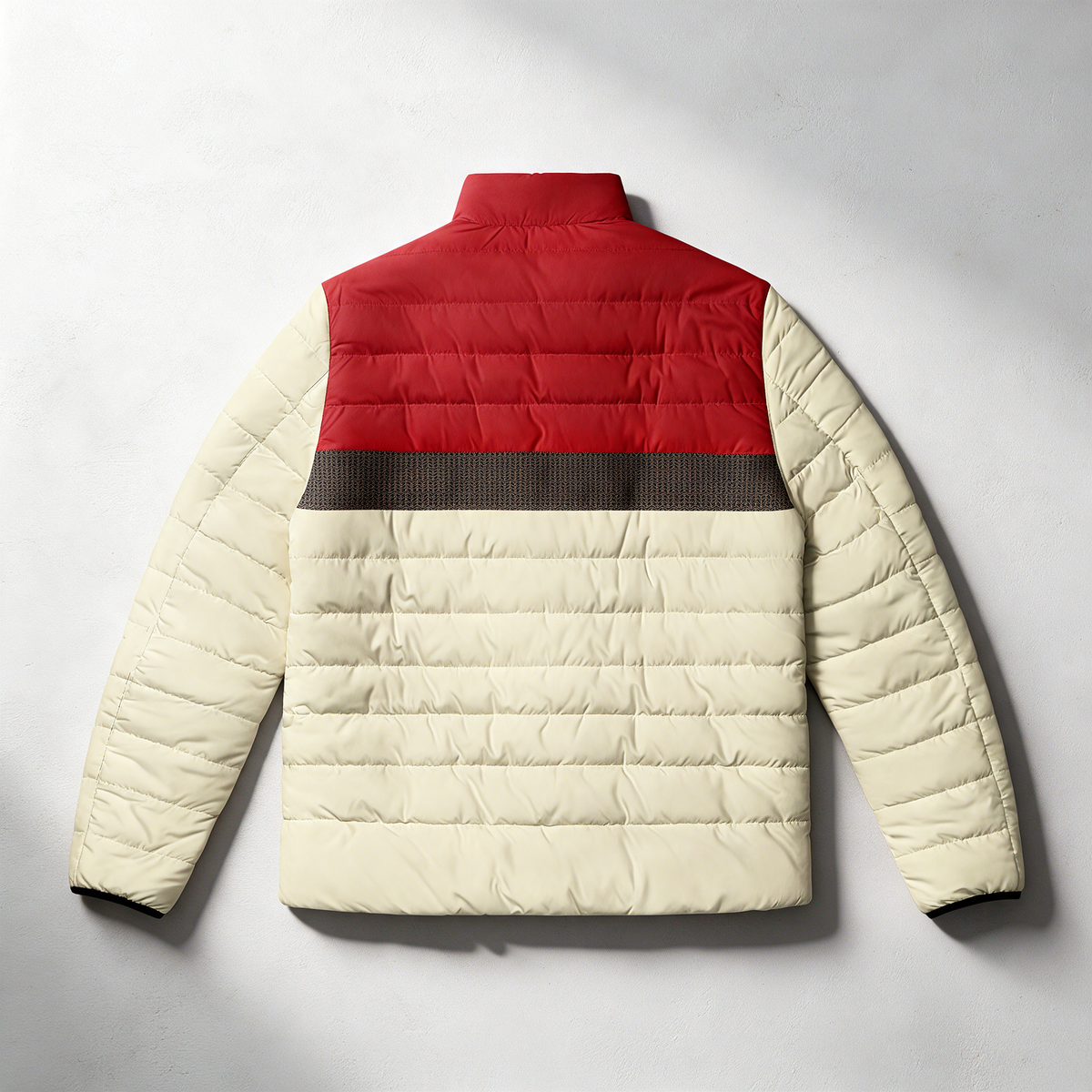 A puffer jacket shown from the back, featuring a red yoke, a dark brown horizontal stripe, and cream-colored quilted sleeves and lower body, laid flat on a light gray background.