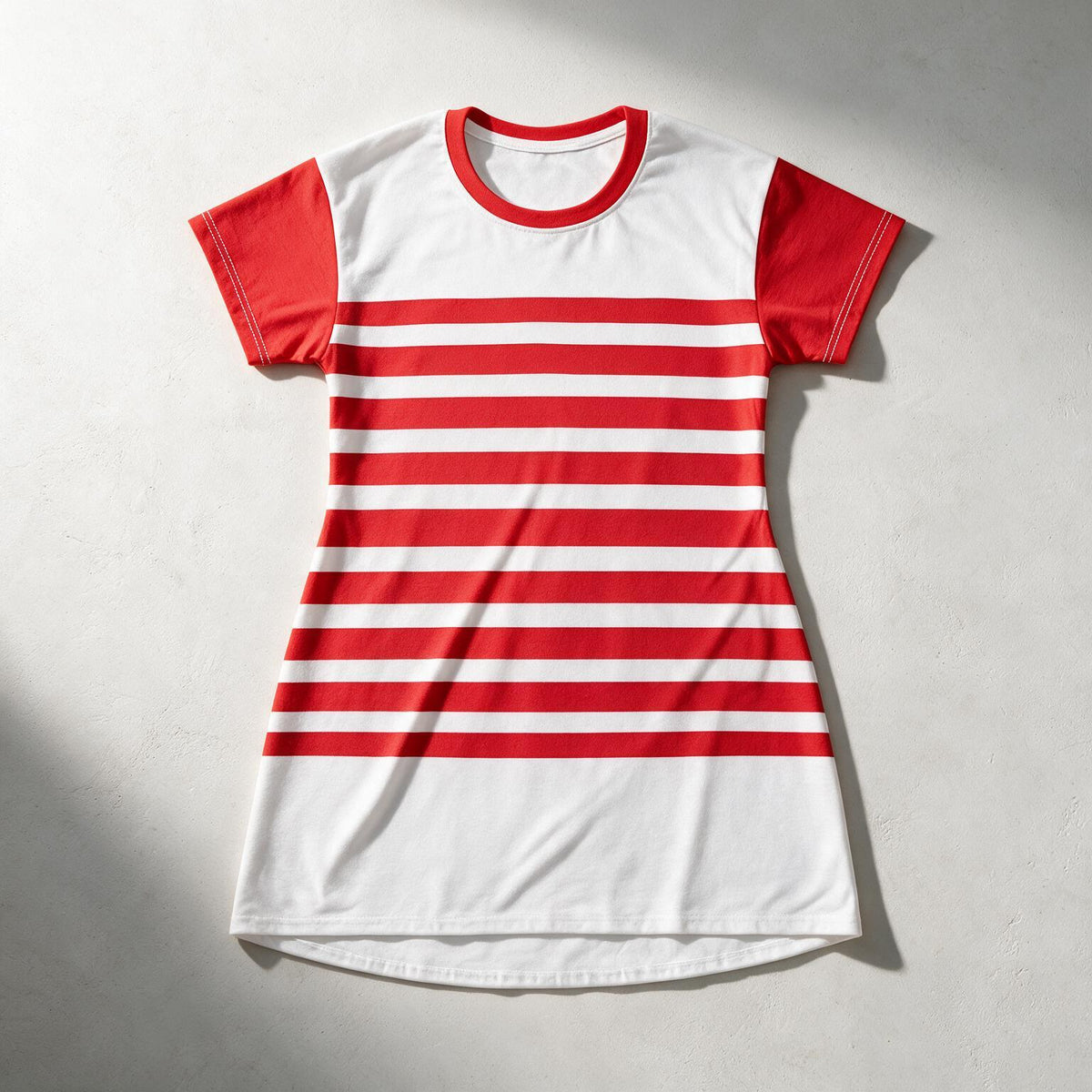 Red & White Striped T-Shirt Dress — Nautical Casual A-Line Summer Dress