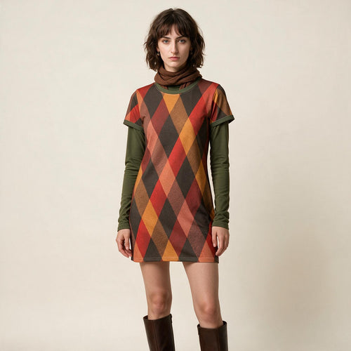 A model stands against a plain beige studio background wearing a long-sleeve mini dress with a diamond argyle pattern in rust red, orange, brown, and black over an olive green long-sleeve base, paired with a matching olive green cowl neck and dark brown knee-high boots.