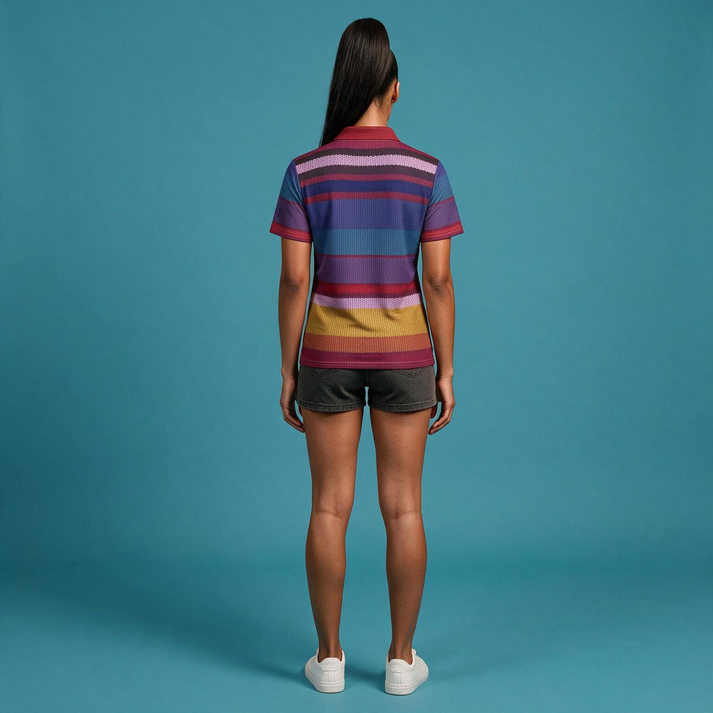 A woman stands with her back to the camera wearing a short-sleeve polo shirt with horizontal multicolor stripes in shades of blue, purple, red, and yellow, paired with dark shorts and white sneakers, against a solid teal studio background.