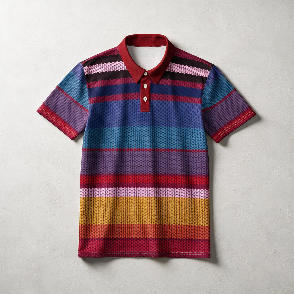 A short-sleeve polo shirt with a colorful horizontal striped pattern, featuring a red collar and placket with two white buttons, laid flat on a light gray textured background.