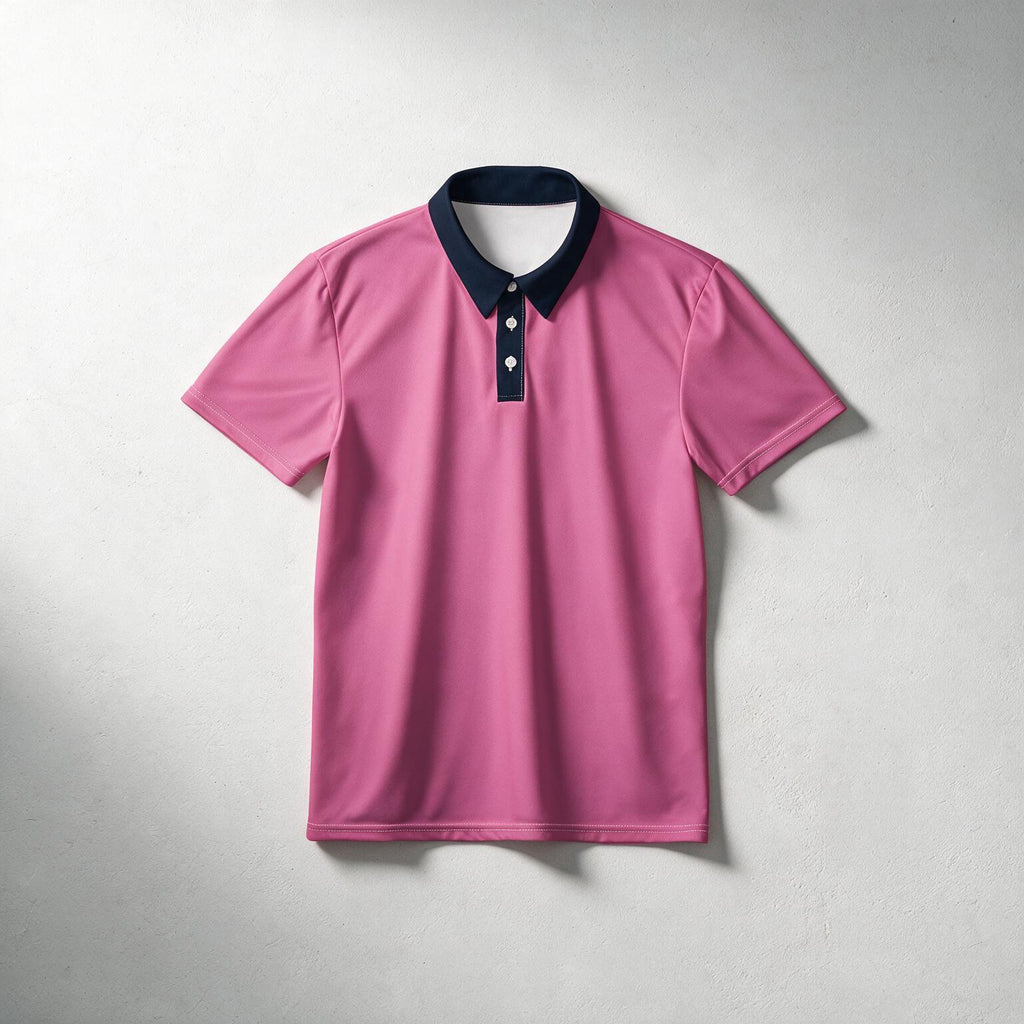 A pink short-sleeve polo shirt with a dark navy blue collar and three-button placket, displayed flat against a light gray textured background.