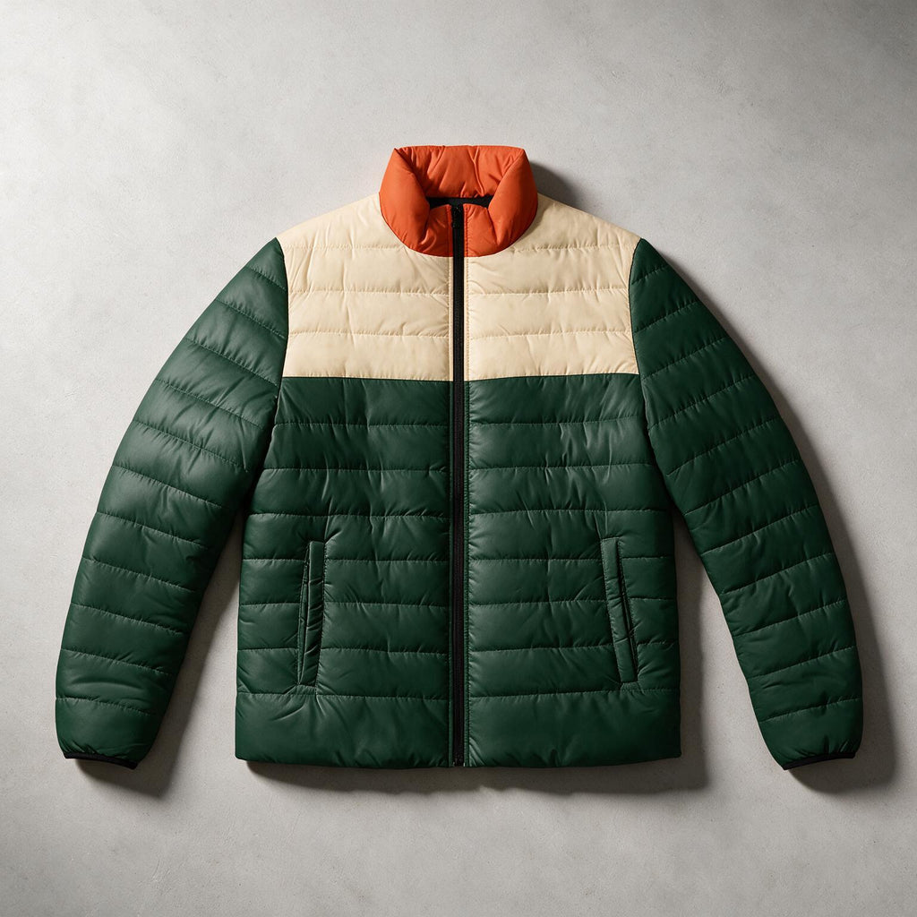 A color-blocked puffer jacket laid flat on a textured gray background. The jacket features a dark green body and sleeves, a cream-colored upper chest, and a bright orange collar.