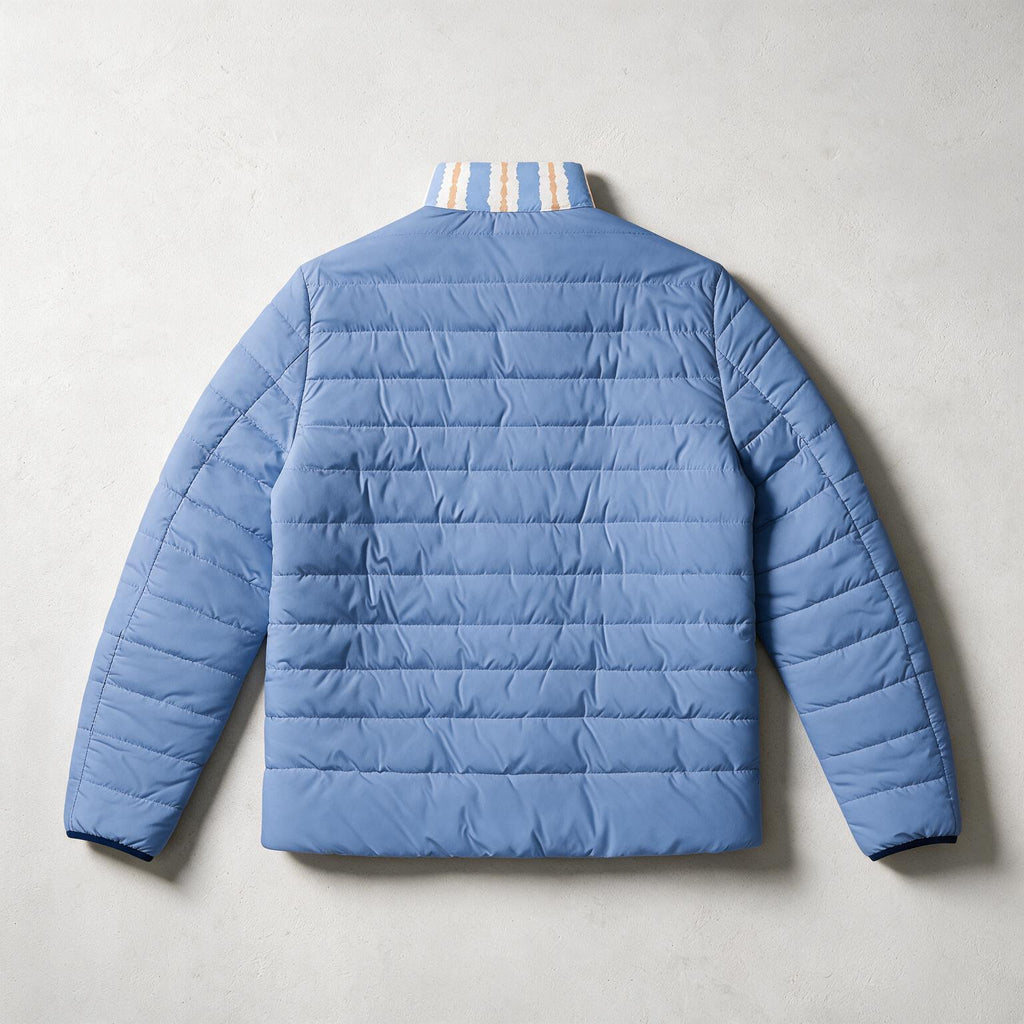 A light blue puffer jacket shown from the back, laid flat on a textured light gray background. The jacket features horizontal quilting, long sleeves, and a striped collar with white and yellow stripes.