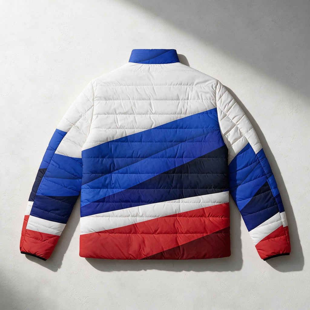 A puffer jacket shown from the back, featuring a bold geometric color-blocked pattern of white, royal blue, navy, and red on a light gray background.