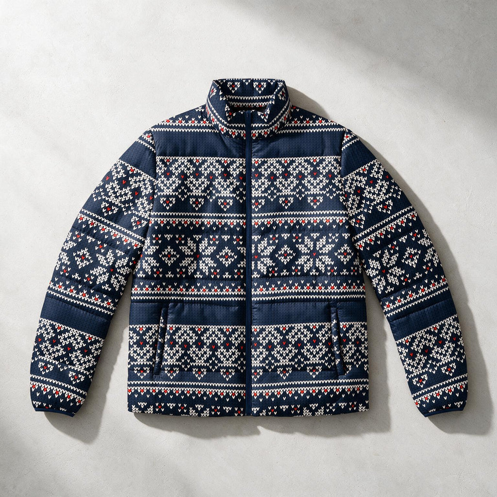 A navy blue quilted puffer jacket with a white and red Nordic/Fair Isle pattern, laid flat on a light gray textured background.