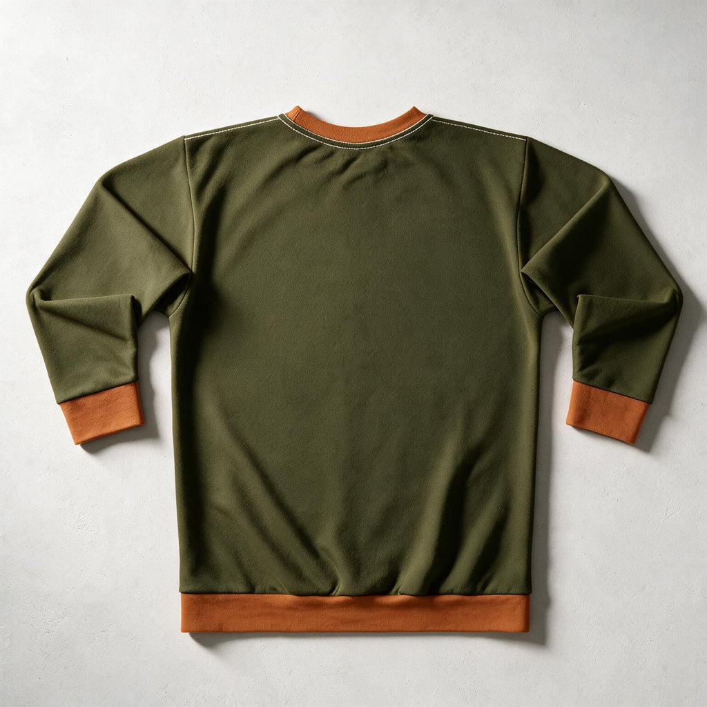 An olive green long-sleeve crewneck sweatshirt shown from the back, featuring contrasting brown ribbed trim at the collar, cuffs, and hem, laid flat on a light gray background.