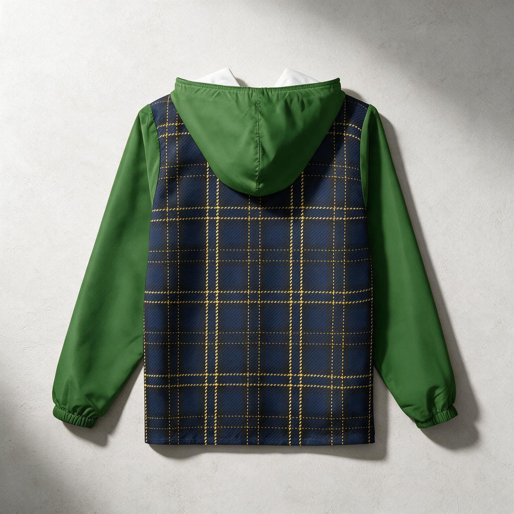 A hooded jacket shown from the back, featuring solid green sleeves and hood, and a navy blue plaid back panel with thin yellow grid lines, laid flat against a light gray textured background.