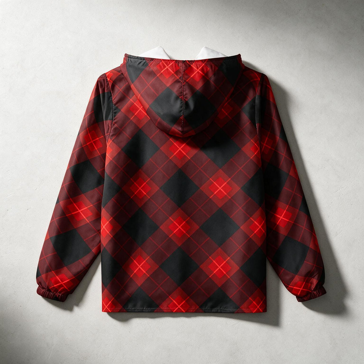Plaid Windbreaker Jacket — Red & Black Buffalo Check Hooded Windbreaker