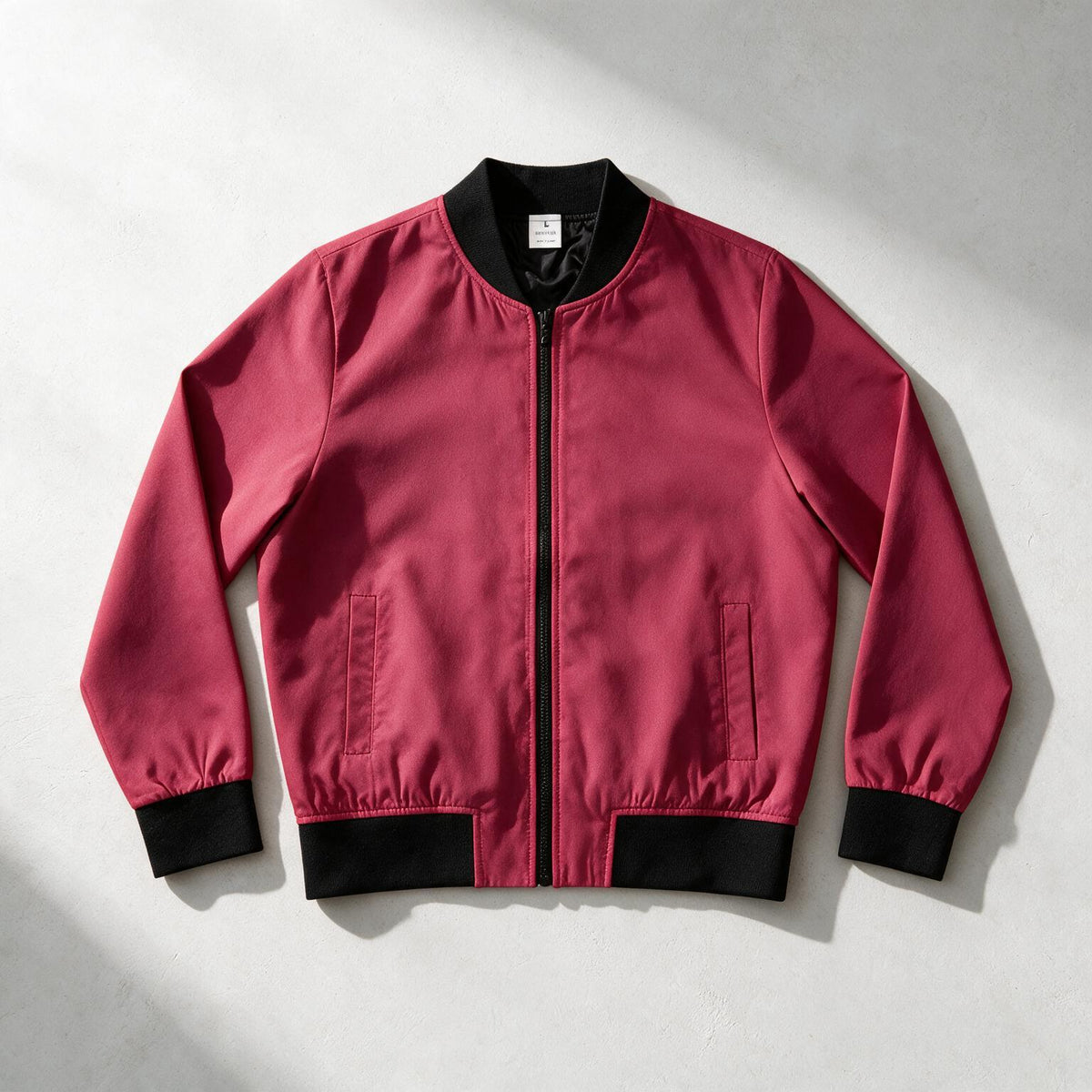 A burgundy bomber jacket with black ribbed collar, cuffs, and hem, laid flat on a light gray textured background.