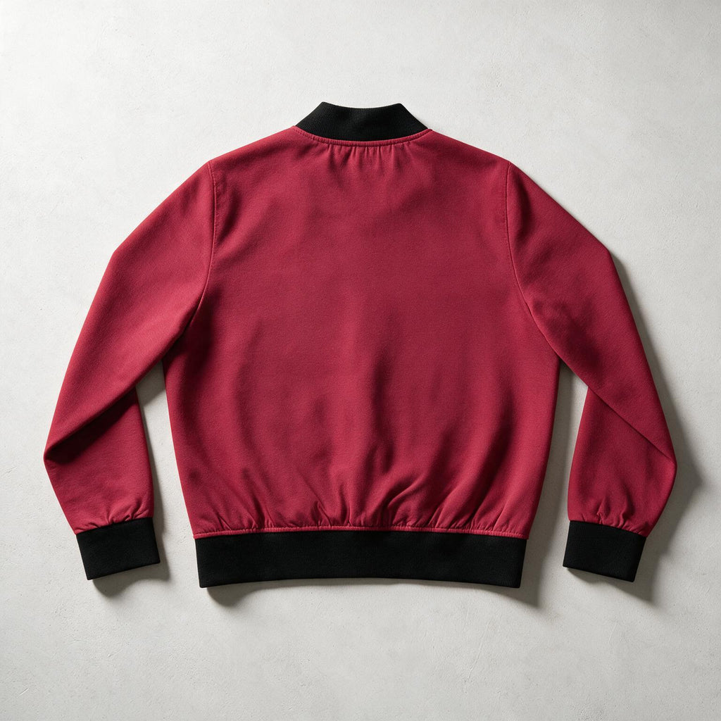 A burgundy bomber jacket shown from the back, featuring black ribbed collar, cuffs, and hem, laid flat on a light gray textured background.