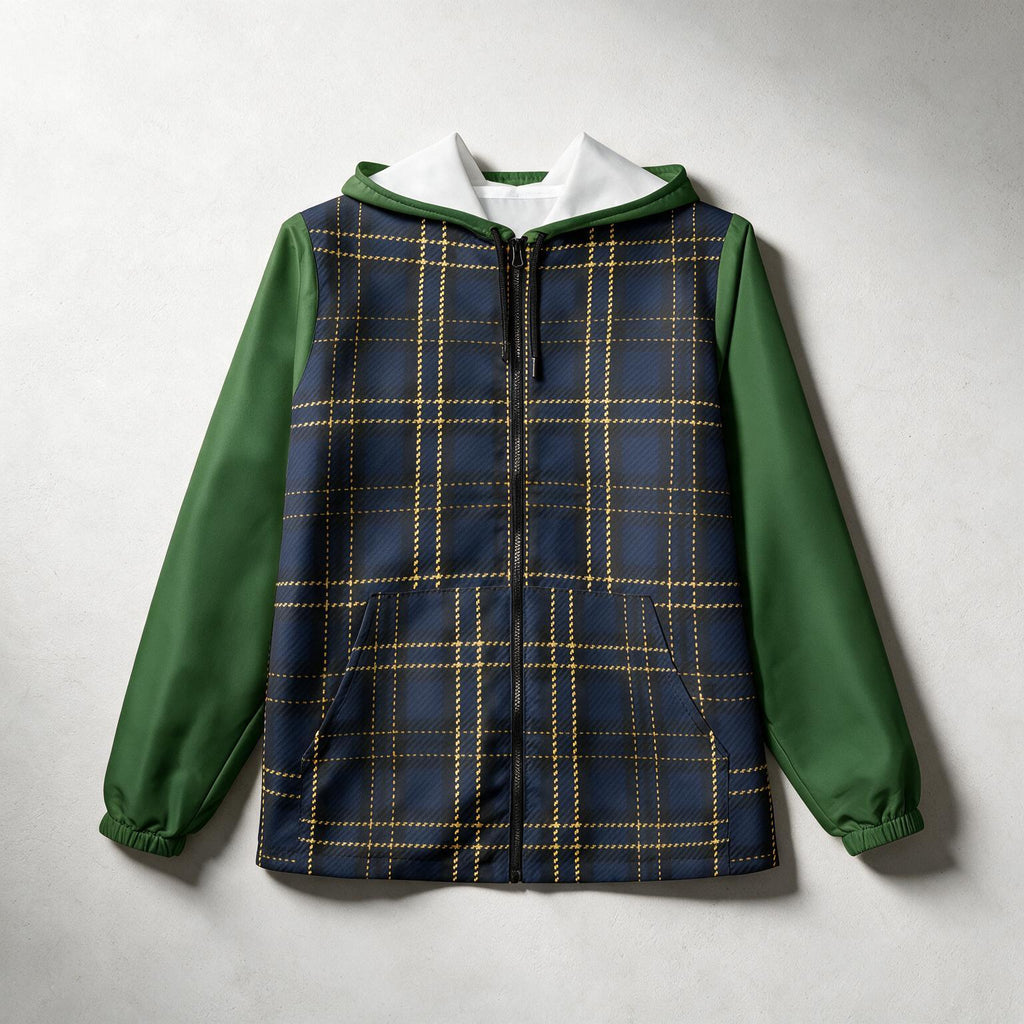 A hooded zip-up jacket with green sleeves and a navy blue plaid body, featuring a white hood lining, laid flat against a light gray background.