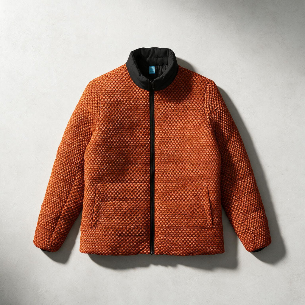 An orange textured quilted jacket with a black collar, black zipper, and black front pockets, displayed flat against a light gray background.