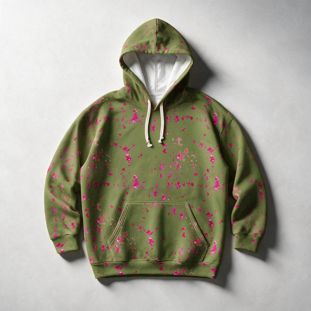 An olive green pullover hoodie with a vibrant pink paint splatter pattern, featuring a white-lined hood and cream-colored drawstrings, laid flat on a light gray background.