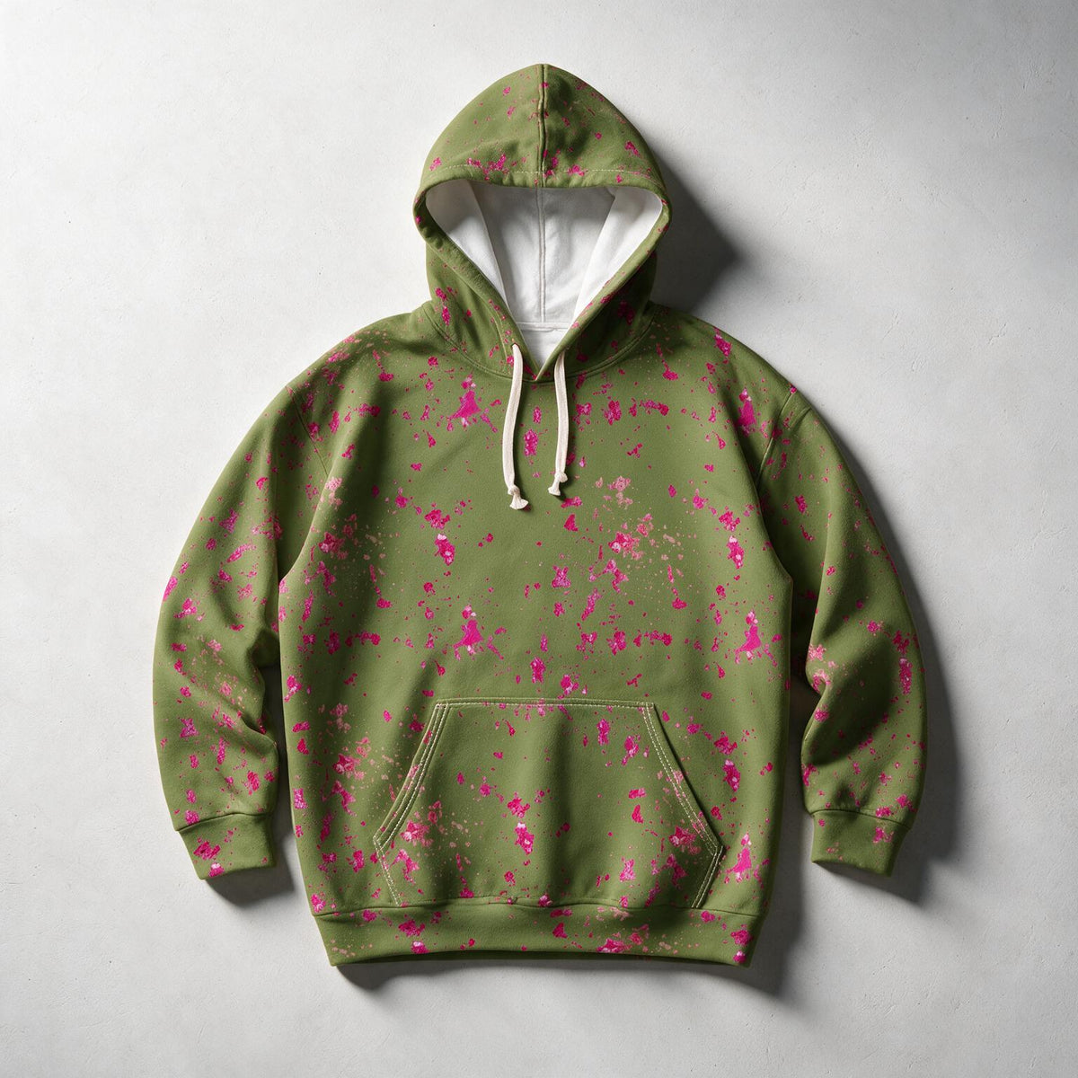 An olive green pullover hoodie with a vibrant pink paint splatter pattern, featuring a white-lined hood and cream-colored drawstrings, laid flat on a light gray background.