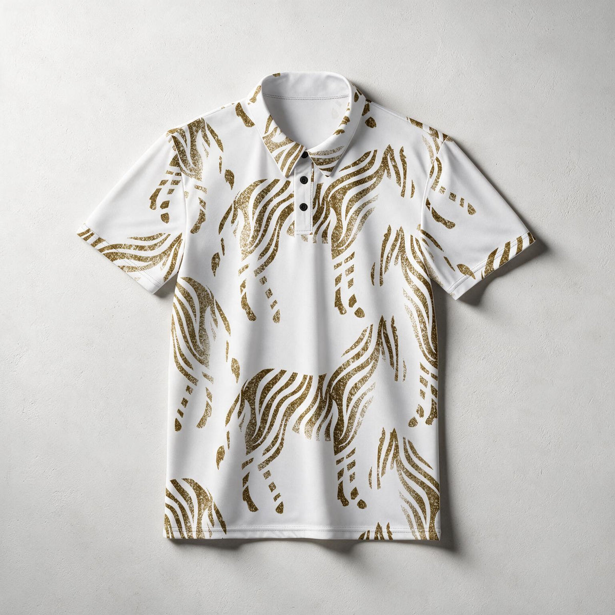 A white short-sleeve polo shirt with a metallic gold zebra print, displayed flat against a light gray textured background.