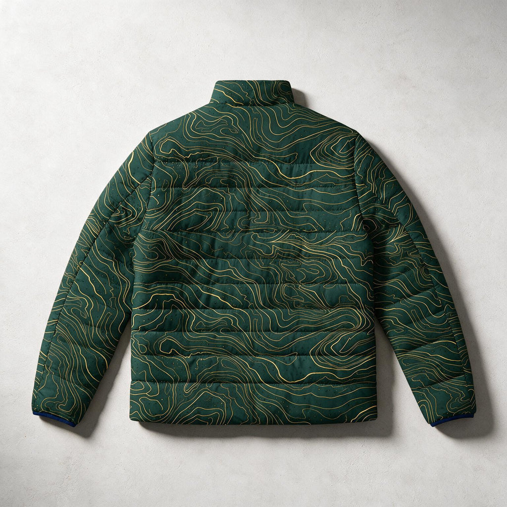 A dark green quilted puffer jacket with a topographic contour line pattern in gold, shown from the back against a light gray textured background.