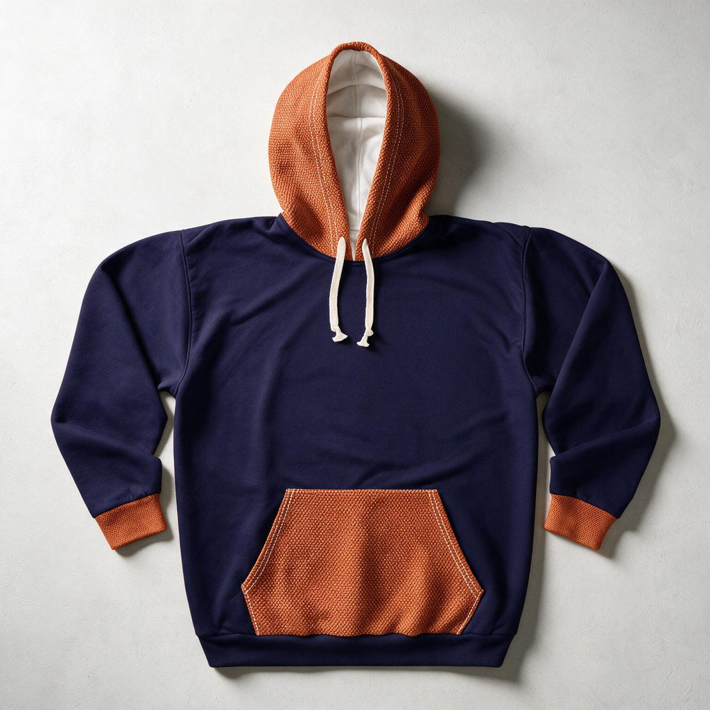 A navy blue pullover hoodie with contrasting rust-orange panels on the hood, cuffs, and front kangaroo pocket, featuring white drawstrings, laid flat on a light gray background.