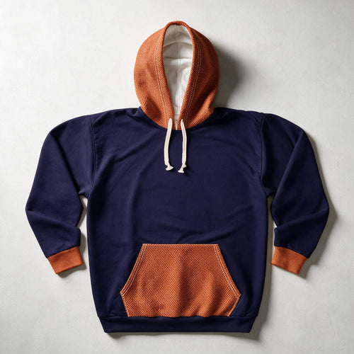A navy blue pullover hoodie with contrasting rust-orange panels on the hood, cuffs, and front kangaroo pocket, featuring white drawstrings, laid flat on a light gray background.