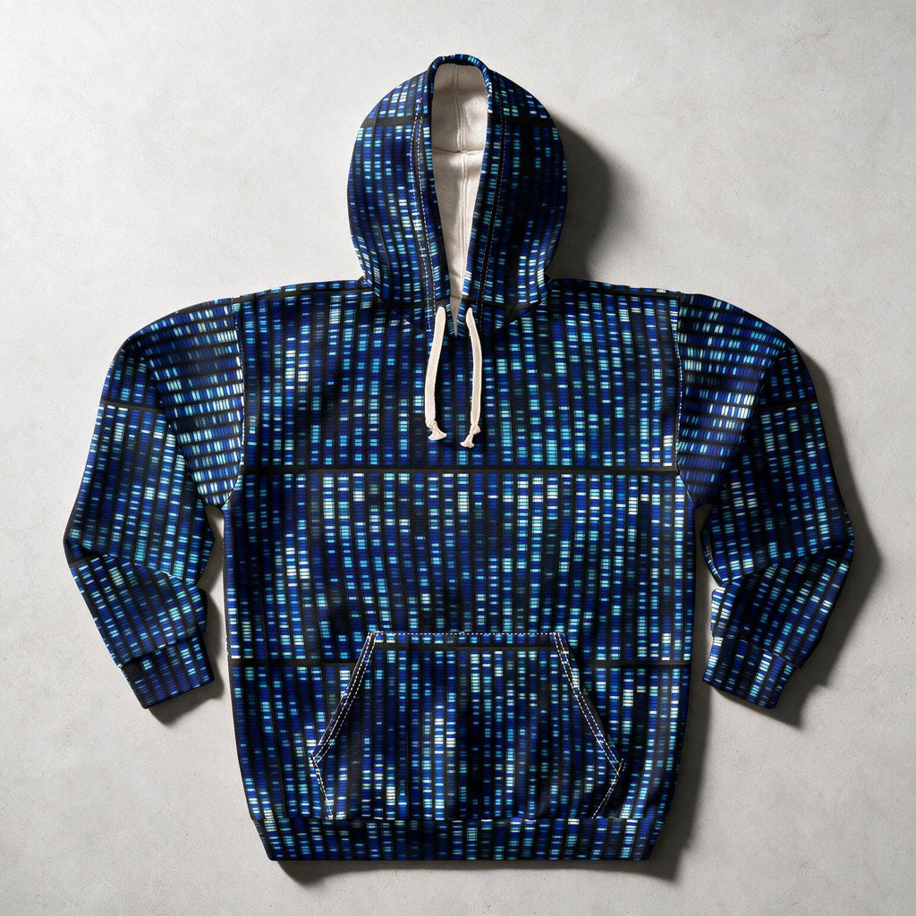 A blue and black patterned pullover hoodie with white drawstrings, laid flat on a light gray textured background.